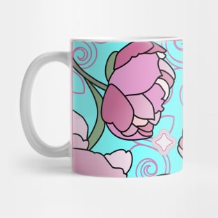 Peonies with Swirls and Diamonds on Sky Blue Mug